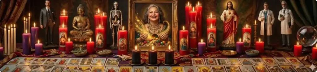 Altar místico panorámico con velas, cartas de tarot y cuadro central de mujer sonriente con cornucopia de la abundancia