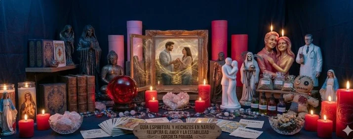Altar esotérico panorámico para amarres de amor en Nariño con velas de pareja, muñeco de tela místico, cartas de tarot y cuadro central.