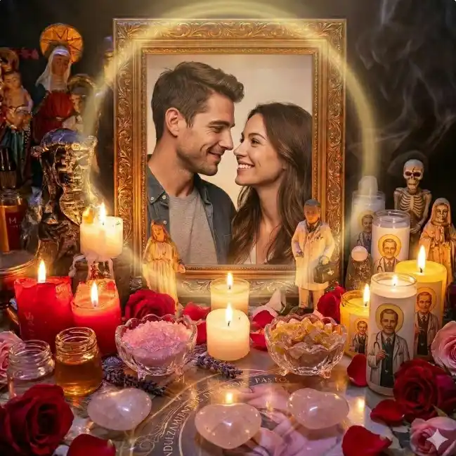 Altar místico de endulzamiento con velas encendidas, rosas, elementos espirituales y cuadro central de pareja feliz mirándose con amor